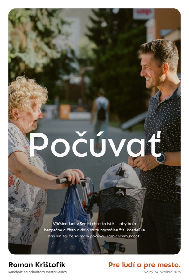Citylight 1a — fotografia v ráme s bielym okrajom, nadpis Počúvať a odsek textu v obraze, dole meno a heslo