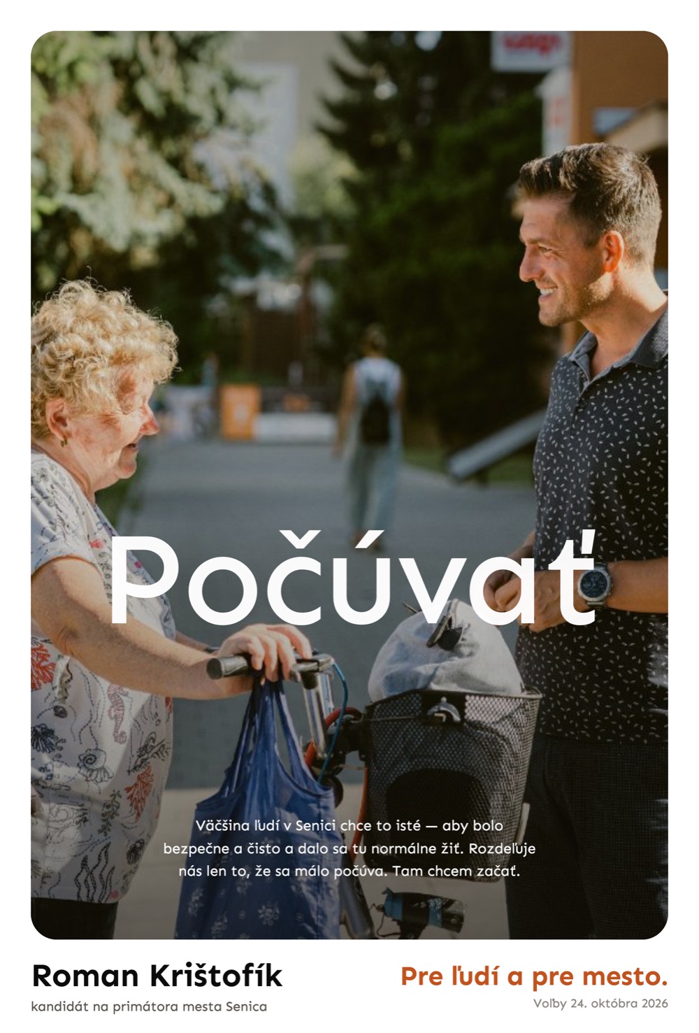 Citylight 2a — fotografia v ráme, nadpis Počúvať a odsek textu v obraze, dole meno a heslo