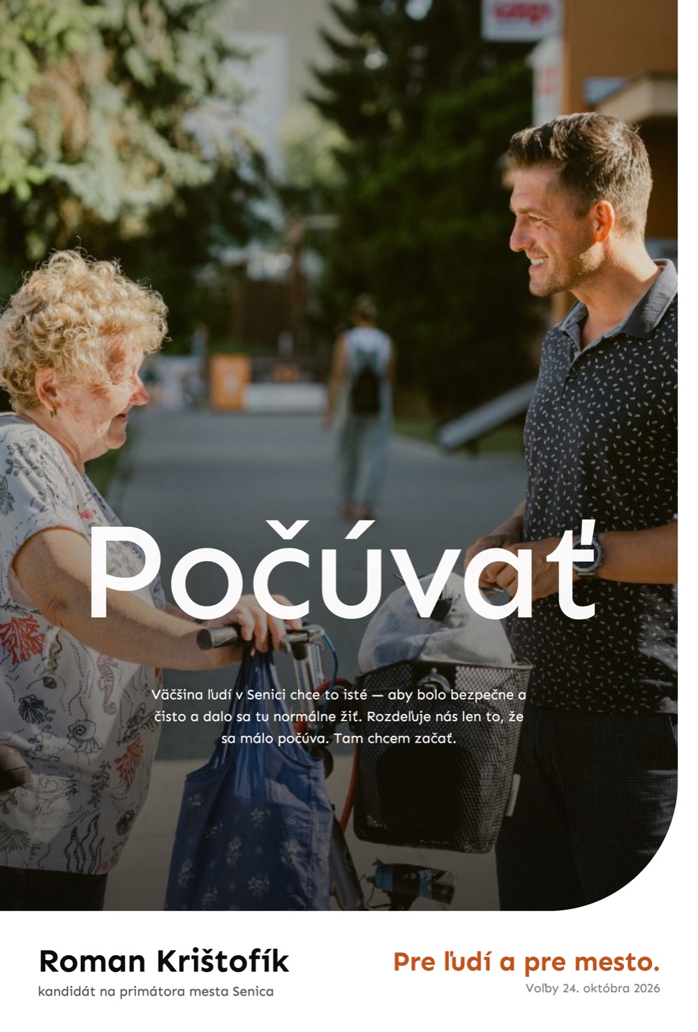 Citylight 2c — fotografia do kraja so zaobleným pravým dolným rohom, nadpis Počúvať a odsek textu v obraze, dole meno a heslo