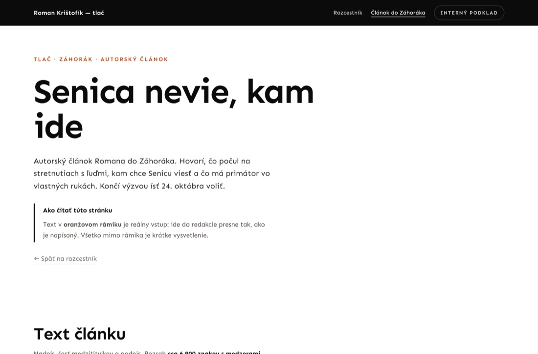 Náhľad stránky — štítok Tlač, Záhorák, autorský článok a veľký nadpis Senica nevie, kam ide