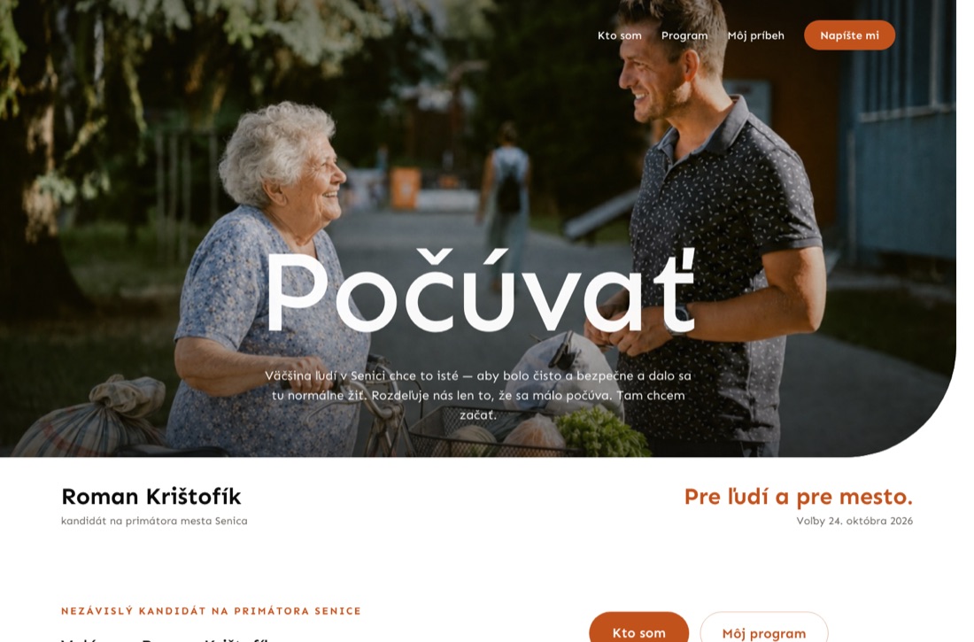 Náhľad úvodnej stránky — farebná fotografia s nadpisom Počúvať, pod ňou meno a heslo Pre ľudí a pre mesto