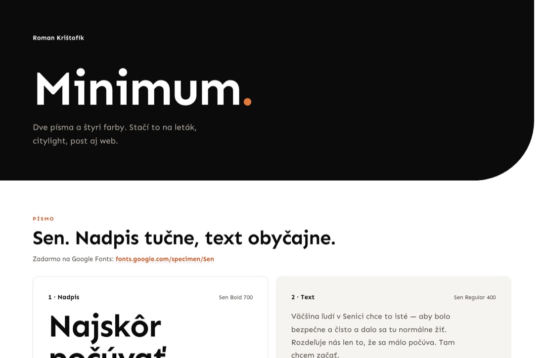 Náhľad stránky Minimum — čierna hlavička s nadpisom Minimum, pod ňou ukážky písma Sen a štyri farby
