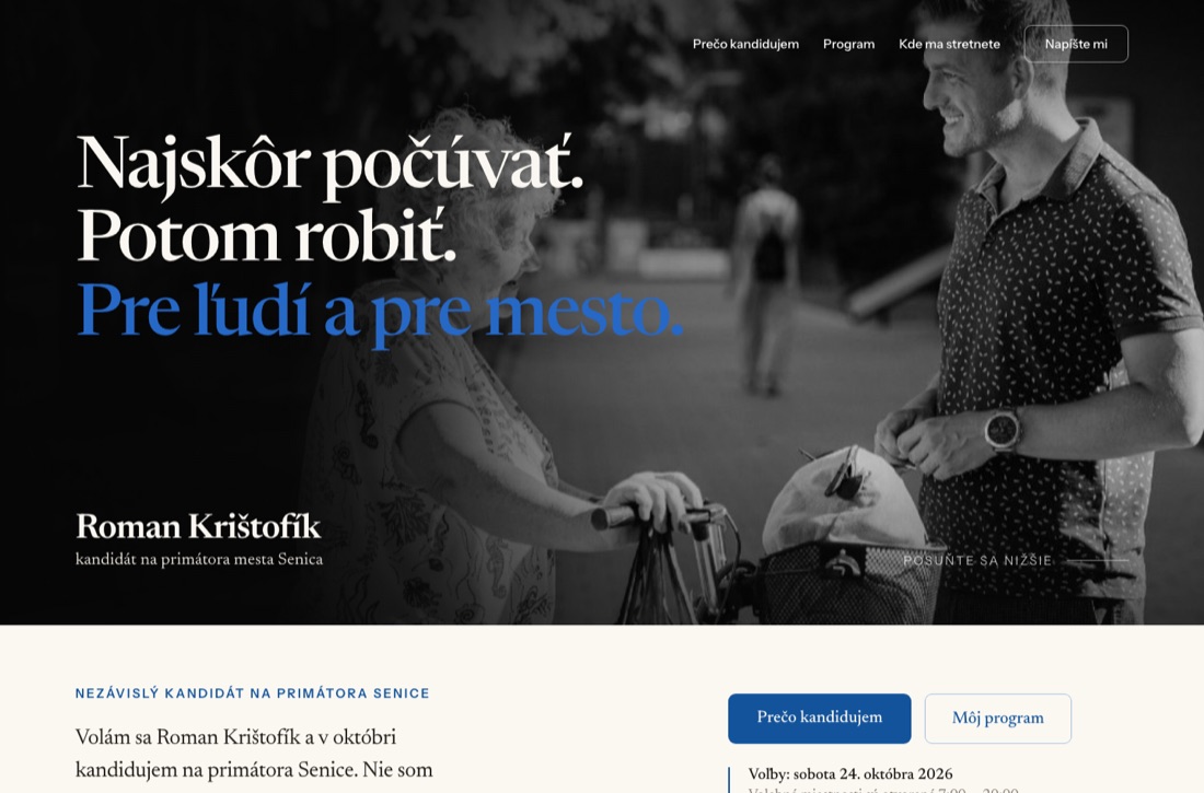 Náhľad návrhu A — čiernobiela fotografia cez celú úvodnú plochu, pätkový nadpis, modrý akcent