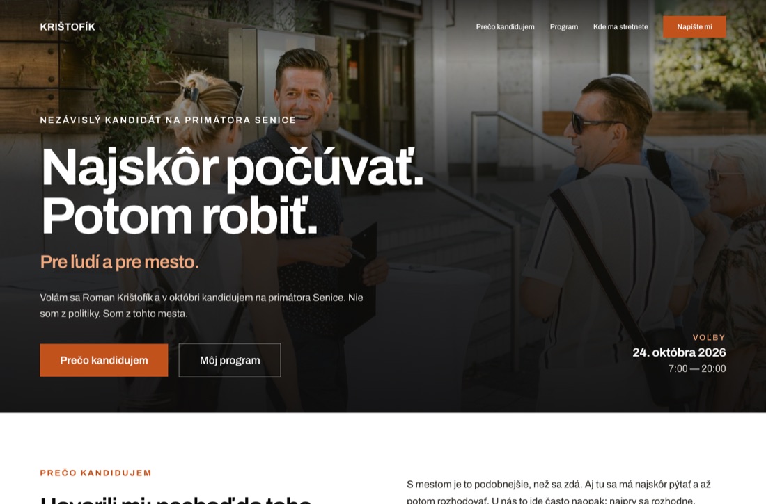 Náhľad návrhu B — tmavý hero, veľký tučný bezpätkový nadpis, oranžové tlačidlo