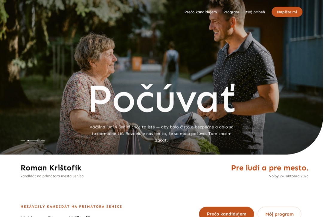 Náhľad návrhu 3 — farebná fotografia s nadpisom Počúvať, pod ňou meno a heslo Pre ľudí a pre mesto
