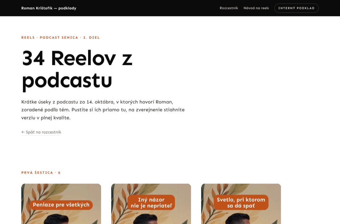 Náhľad stránky — štítok Reels, podcast Senica, 1. diel a veľký nadpis 34 Reelov z podcastu