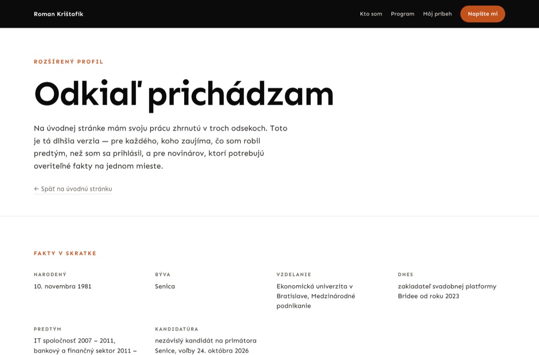 Náhľad podstránky profilu — nadpis Odkiaľ prichádzam, pod ním pruh Fakty v skratke