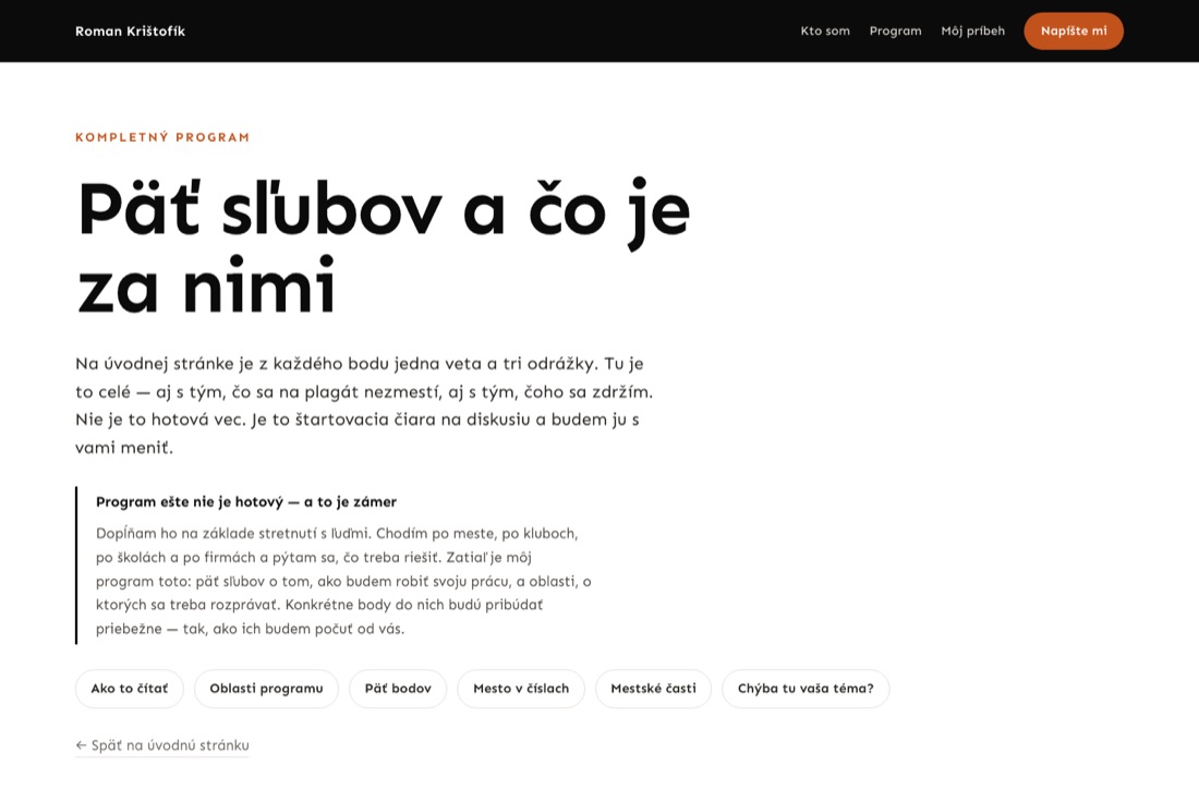 Náhľad podstránky programu — nadpis Päť sľubov a čo je za nimi, pod ním pruh Ako tento program čítať