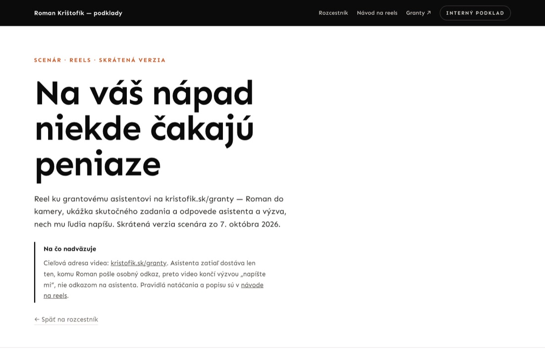 Náhľad scenára — nadpis Na váš nápad niekde čakajú peniaze, pod ním oznam Na čo nadväzuje