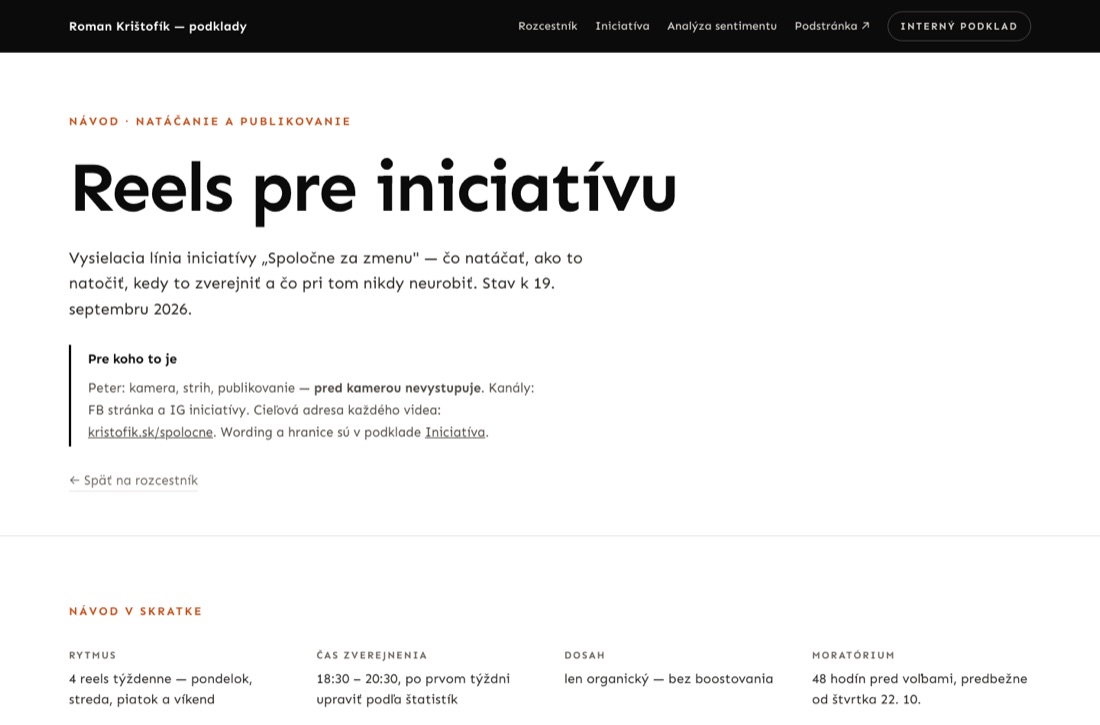 Náhľad návodu — nadpis Reels pre iniciatívu, pod ním pruh Návod v skratke