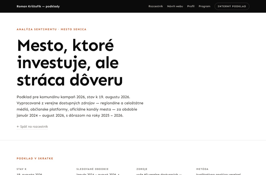 Náhľad analýzy sentimentu — nadpis Mesto, ktoré investuje, ale stráca dôveru, pod ním pruh Podklad v skratke