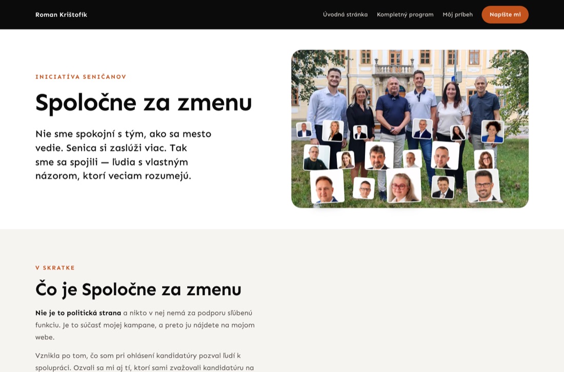 Náhľad podstránky — nadpis Spoločne za zmenu, vedľa skupinová fotka iniciatívy s mozaikou tvárí