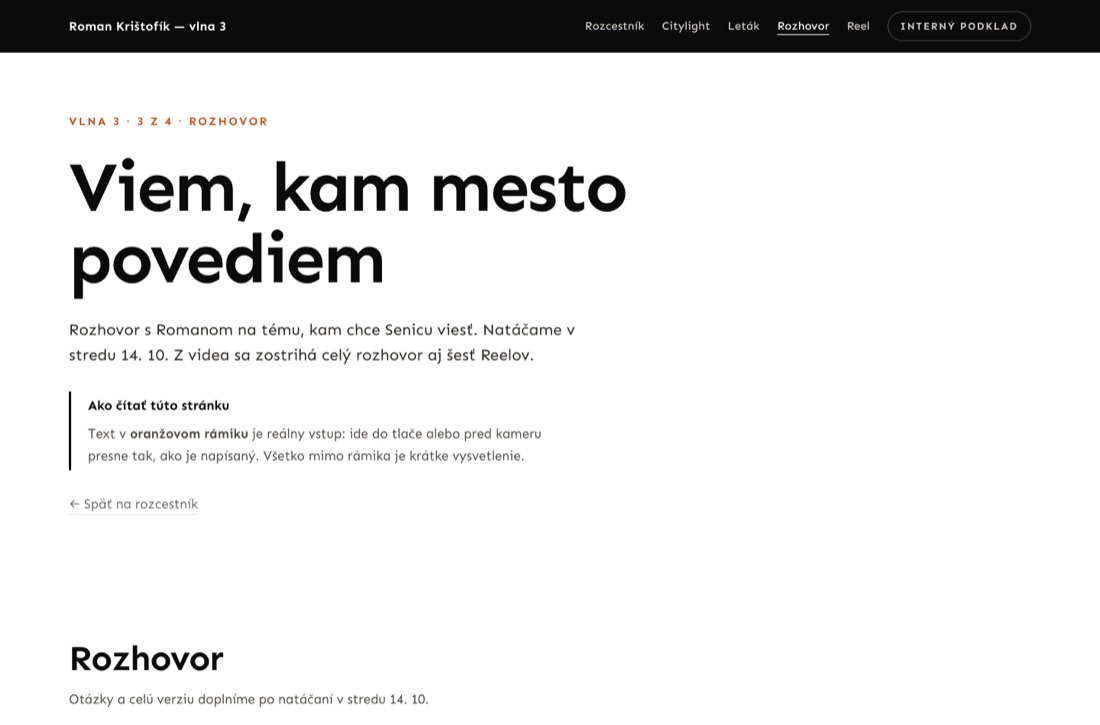 Náhľad stránky Rozhovor — štítok Vlna 3, 3 z 4 a veľký nadpis Viem, kam mesto povediem